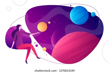 Colorful vector illustration on the topic of space, imagination, exploring, innovation, virtual and augmented reality.