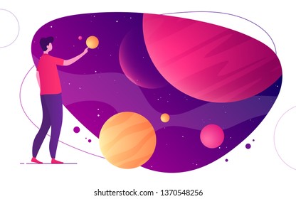 Colorful vector illustration on the topic of space, imagination, exploring, innovation, virtual and augmented reality.