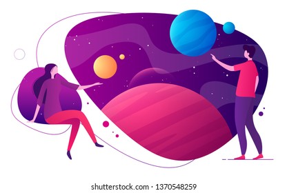 Colorful vector illustration on the topic of space, imagination, exploring, innovation, virtual and augmented reality.