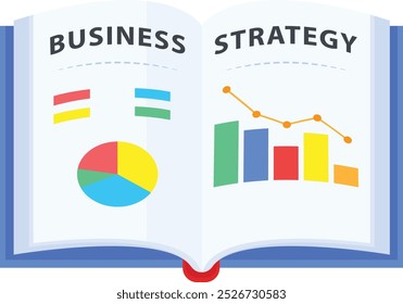Una colorida Ilustración vectorial de un libro abierto con las palabras "ESTRATEGIA DE NEGOCIOS" escritas en las páginas. El libro contiene varios gráficos y gráficos, que simbolizan la importancia del análisis de datos.