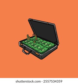 A colorful vector illustration of an open briefcase filled with stacks of cash and gold coins, symbolizing wealth, financial success, and prosperity, with an orange background.