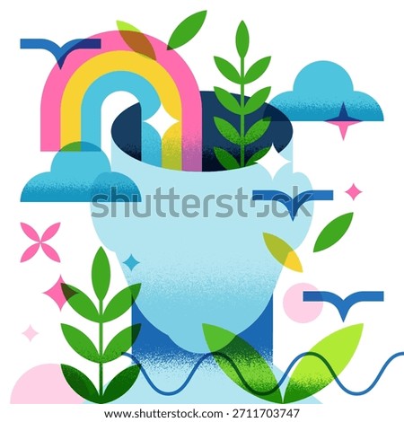 Colorful vector illustration of open human head filled with rainbow, clouds, leaves, birds. Creativity, positive mind, mental growth, imagination, freedom, harmony, wellness and inspiration concept