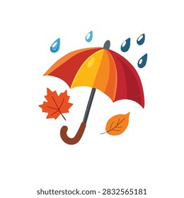 Colorful vector illustration of an open orange and red umbrella with falling raindrops and autumnal maple leaves. Represents concepts of rainy weather, autumn season, protection, forecast, and seasonal changes. Ideal for weather forecast apps, autumn festival banners, greeting cards, decorative stickers, and seasonal marketing graphics