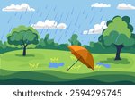 Colorful vector illustration of an orange umbrella in a lush green landscape during a rain shower under a blue sky