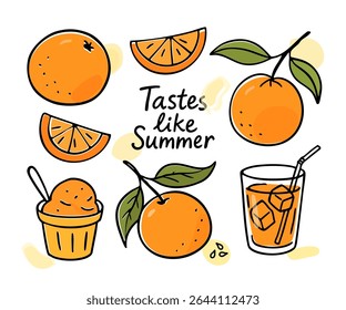  A colorful vector illustration of oranges in a hand-drawn doodle style. Includes whole oranges, slices, juice, sorbet, and text. Playful summer sketch ideal for packaging, kids design, and prints.