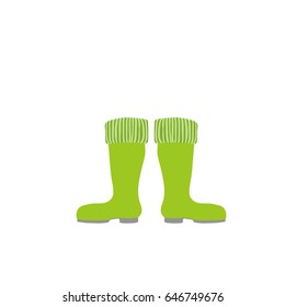 Colorful vector illustration of pair of green rubber gardening boots with thick soles, knit sock cuffs. Isolated on white background.