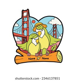 colorful vector illustration of a pair of lovebirds cuddling on a tree branch with a golden bridge in san francisco, california as a backdrop.
for Valentine greeting cards, wedding invitation, etc