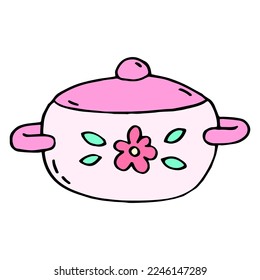 Ilustración vectorial colorida de una sartén aislada en un fondo blanco. olla de sopa al estilo doodle