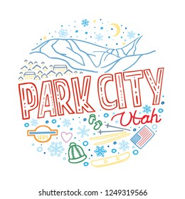 Colorful vector illustration of Park City, Utah. Round winter pattern with the main symbols of Park City with isolated elements. Can be used as a sticker, print for t shirts, posters, cards, articles
