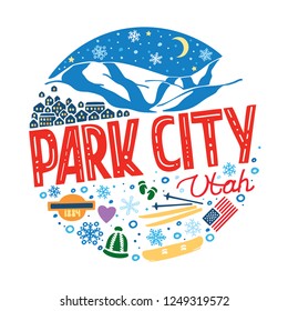 Colorful vector illustration of Park City, Utah. Round winter pattern with the main symbols of Park City with isolated elements. Can be used as a sticker, print for t shirts, posters, cards, articles
