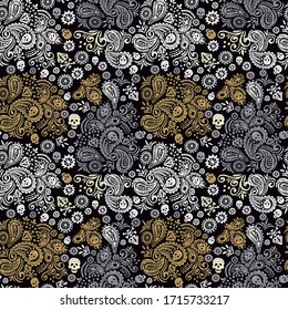 Colorful vector illustration of pattern with diamond skulls in draft style.