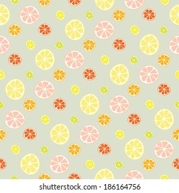 colorful vector illustration pattern of different types of citrus fruits on light green background