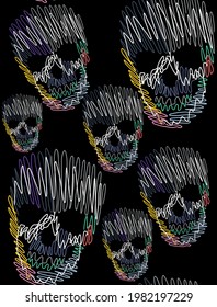 Colorful vector illustration of pattern with skulls in a stripped style formed by colorful doodles.