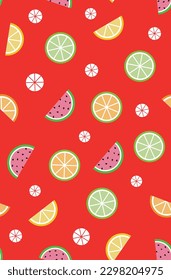 Colorful vector illustration of pattern with tropical fruits, lemon, orange and watermelon. Art in graphic and childish style.
