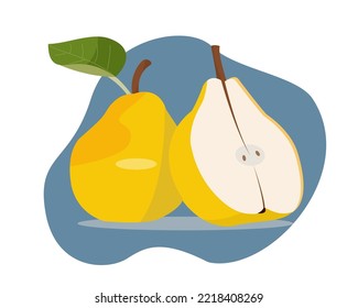 Colorful vector illustration of pear with leaf and half pear on blue liquid background.