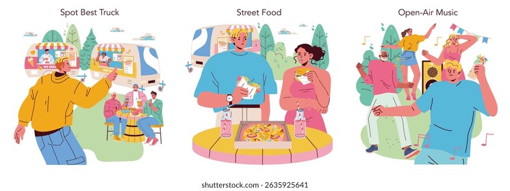 Colorful vector illustration of people enjoying food truck snacks, street meals, and outdoor music events. Shows excitement and joyful interactions in a lively atmosphere.