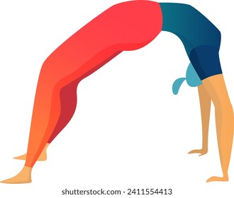 Colorful vector illustration of a person doing a backbend yoga pose. Flexible yogi in a red and blue outfit practicing. Yoga postures and flexibility concept vector illustration.