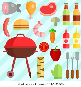 Colorful Vector Illustration Of Picnic Barbecue / Barbeque Icon Elements In Cartoon Doodle Style. Perfect For Magazines, Posters, Etc.