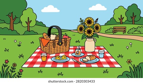 A colorful vector illustration of a picnic scene in a park with a basket, food, drinks, and sunflowers on a checkered blanket.
