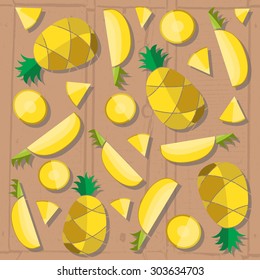 Colorful vector illustration of pineapple slices in flat design style on textured table background. Template for T-shirt, restaurant menu or your personal design