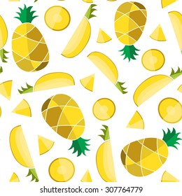 Colorful vector illustration of pineapple slices in flat design style on textured table background. Seamless pattern for T-shirt, restaurant menu or your personal design