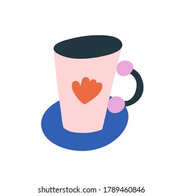 Colorful vector illustration with pink cup and blue saucer. Depiction of mug with fancy handle. Coffee, tee, drink. Decorative element.