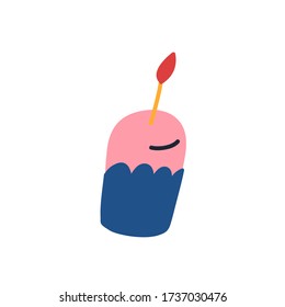 Colorful vector illustration of pink cupcake with burning yellow candle. Decorative element. For cards, posters, stationery. Cute image. Birthday related drawing.