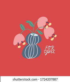 Colorful vector illustration with pink flowers in blue striped vase. Hand drawn inscription. For You lettering. For cards, posters, stationery. 