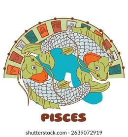 Colorful vector illustration of Pisces zodiac sign. Two koi fish swimming in a circle with astrological symbols. Horoscope theme in cartoon style