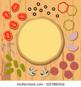 Colorful vector illustration of pizza constructor on wooden table textured background. For a book of recipes, cooking class, cafe, pizzeria menu design. Italian tasty food. Pizza base with ingredients