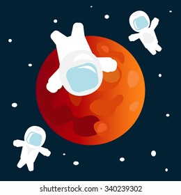 Colorful vector illustration of planet Mars and astronauts. Theme of colonization
