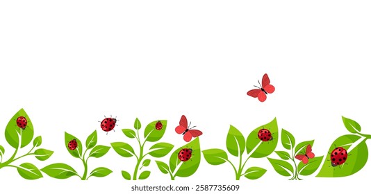 Colorful vector illustration of plants, ladybugs, and butterflies in a vibrant garden setting