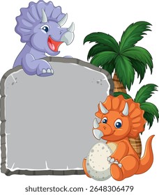 Colorful vector illustration of playful dinosaurs with a stone sign and palm trees, ideal for children's content