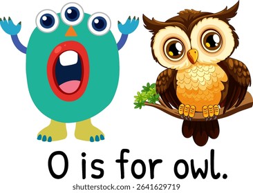 Colorful vector illustration with a playful monster and an owl, highlighting the letter O in a fun style