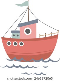 Colorful vector illustration of a playful ship, designed in a charming childlike style, perfect for children's books or themed decorations.