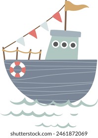 Colorful vector illustration of a playful ship, designed in a charming childlike style, perfect for children's books or themed decorations.