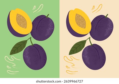 Colorful Vector Illustration of Plums – Whole and Cut Juicy Fruit Design