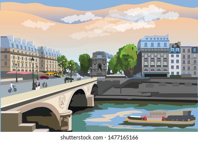 Colorful vector illustration of Pont Saint Michel bridge, landmark of Paris, France. Cityscape with Saint Michel bridge and Paris street. Colorful vector illustration, cityscape of Paris.