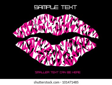 colorful vector illustration with pop art lips made of color triangle pieces and place for your text isolated on black background