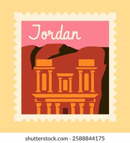 Colorful vector illustration of a postage stamp featuring Jordan, with an artistic depiction of Petra s Al-Khazneh in warm tones, set against a stylized mountainous background. Vector illustration