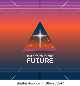 colorida ilustración vectorial del afiche en el estilo de la estrella de cuatro puntas de los años 80 en forma de cruz cristiana en el cielo cósmico en una ventana triangular