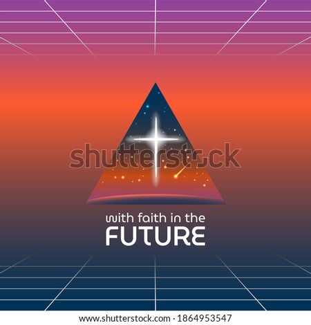colorful vector illustration of poster in the style of the 80's four-pointed star in the form of a Christian cross in the cosmic sky in a triangular window