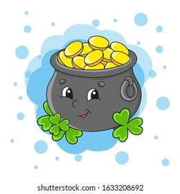 Colorful vector illustration. Pot of gold with clover. Isolated on color abstract background. Design element. Cartoon character. St. Patrick's day.
