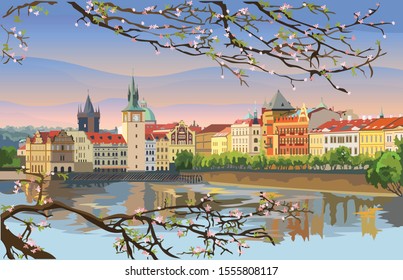 Colorful vector Illustration of Prague old city panorama with blossom tree, river Vltava. Landmark of Prague, Czech Republic. Vector illustration of landmark of Prague.
