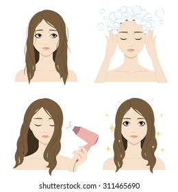 Colorful vector illustration of pretty woman with split ends of hair. Cute cartoon girl with hair problems shows the result of using care cosmetic product. Icon set for medical/healthcare infographic.