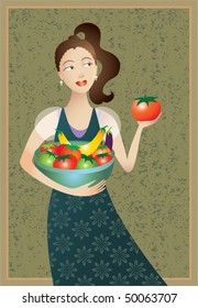 Colorful vector illustration of a pretty young woman, probably Mediterranean, holding a bowl of fresh picked vegetables characteristic of the Mediterranean diet. Healthy eating concept.