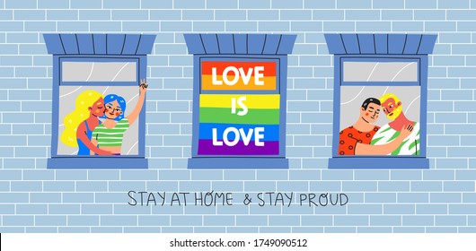 Colorful vector illustration for the Pride Month celebration. LGBT couples, slogans and LGBTQ flag in windows in cartoon style. Gay and lesbian couples in love.