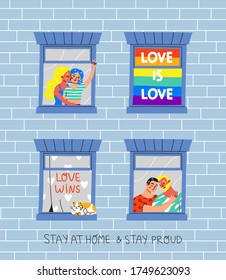 Colorful vector illustration for the Pride Month celebration. LGBT couples, slogans and LGBTQ flag in windows in cartoon style. Gay and lesbian couples in love.