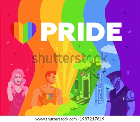 Colorful vector illustration for Pride Month and Pride Day celebrations featuring  gay man , transsexual, drug queen, Greenwich valley and Stonewall inn bar with flag background