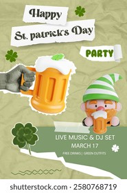 A colorful vector illustration promoting a St. Patrick's Day party featuring a gnome, beer mug, and event details, perfect for festive marketing materials.